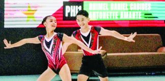 Filipino duo Rhimel Daniel Cabides and Antonette Amante celebrate after capturing the gold medal in the youth mixed pairs event of the 10th Aerobic Gymnastics Asian Championships presented by the Philippine Sports Commission at the Tagaytay CT Velodrome in Tagaytay City. CONTRIBUTED PHOTO