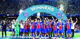 Paris Saint-Germain players celebrate after successfully defending their UEFA Super Cup crown with a 2-1 victory over Aston Villa in Salzburg, Austria. PHOTO COURTESY OF PSG