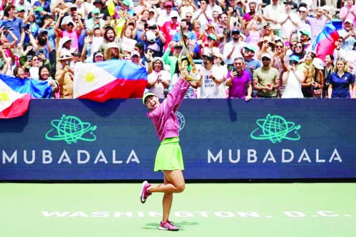 Alexandra Eala celebrates after completing a comeback victory over world No. 3 Jessica Pegula to win the Mubadala DC Open title in Washington, D.C., becoming the first Filipina in the Open Era to capture a WTA Tour singles championship. MUBADALA DC OPEN PHOTO