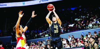 Clutch from deep: TNT Tropang 5G's Kim Aurin rises for a three-point shot during the Tropang 5G's 93-89 overtime victory over San Miguel Beer in the PBA Season 50 Governors' Cup at the SM Mall of Asia Arena in Pasay City on Saturday night. PBA PHOTO