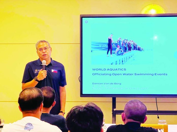 sports_Boracay_compressed_resized Philippine Aquatics Inc. secretary general Eric Buhain speaks during the technical officials’ seminar for the 4th Southeast Asian Open Water Championships in Boracay. PAI