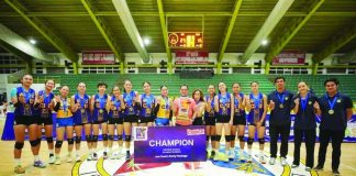 Central Philippine University Golden Lions celebrate after capturing the women’s championship of the 2026 V-League Visayas at the City of Passi Arena. CPU also ruled the men’s division to complete a championship sweep. PHOTO COURTESY OF V-LEAGUE