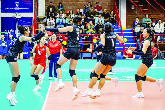sports_FIV_compressed_resized Alas Pilipinas Girls celebrate after sweeping Tunisia, 27-25, 25-19, 25-16, for their second consecutive victory in the FIVB Volleyball Girls’ U17 World Championship in San Felipe, Chile. FIVB