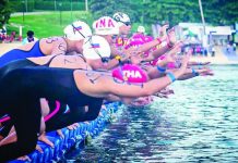 Competitors prepare to plunge into the waters during one of the events of the 4th Southeast Asian Open Water Swimming Championships at Boracay Newcoast in Malay, Aklan. PAI