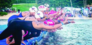 Competitors prepare to plunge into the waters during one of the events of the 4th Southeast Asian Open Water Swimming Championships at Boracay Newcoast in Malay, Aklan. PAI
