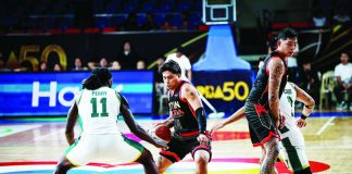 Ilonggo guard John Bryan Sajonia of Titan Ultra Giant Risers drives against the defense of Macau Giant Pandas import De'Vondre Perry during their PBA Season 50 Governors’ Cup clash at the Ninoy Aquino Stadium. PBA PHOTO