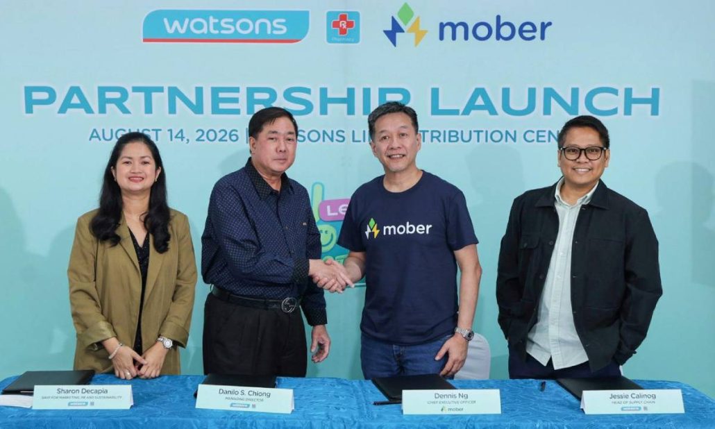 (L-R) Watsons SAVP Marketing, PR & Sustainability Sharon Decapia, Managing Director Danilo S. Chiong, Mober Chief Executive Officer Dennis Ng, Watsons Head of Supply Chain Jessie Calinog
