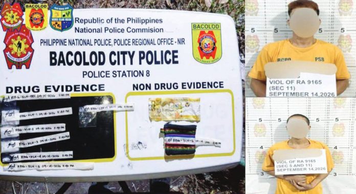 Police officers displayed the suspected shabu and other evidence seized during an anti-drug operation that resulted in the arrest of two men at Purok Mahigugma-on, Barangay Tangub, Bacolod City on Sept. 14, 2026. The seized drugs were estimated by police to be worth P136,000. BCPO PHOTO