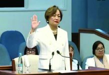 Retired Sandiganbayan presiding justice Amparo Cabotaje-Tang takes her oath as the prosecution’s first witness for Article II of the Articles of Impeachment against Vice President Sara Duterte. INQUIRER