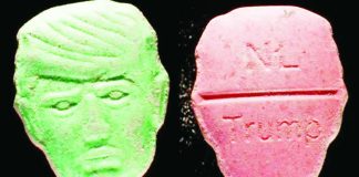 Front and back picture of an ecstasy pill in the shape of United States President Donald Trump’s head. The front is a depiction of Trump's face carved into the pill; the back features the word “NL” carved at the top of a break line under which is stamped the word “Trump”. TRIMBOS INSTITUTE