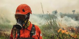 A person in firefighting uniform, helmet and gas mask stands amid smoke in front of flaming grass. As wildfires worsen across large parts of Indonesia, a noxious haze is choking the region. GETTY IMAGES