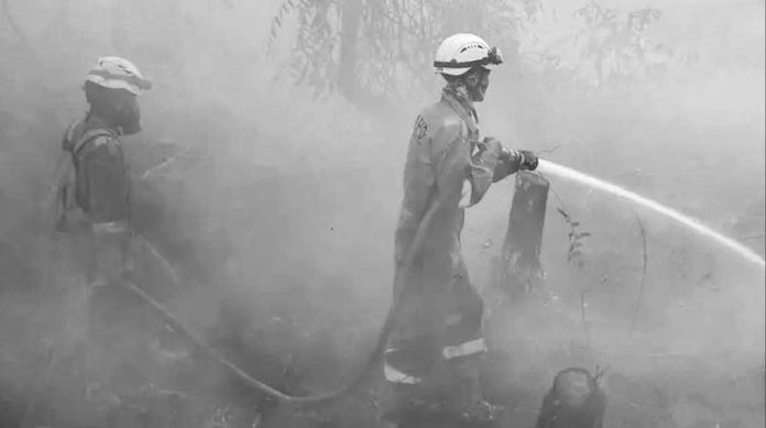 Indonesia_compressed_resized Two firefighters in bright orange uniform and helmets, standing outdoors in thick white haze, spray water from a hose in Indonesia. GETTY IMAGES