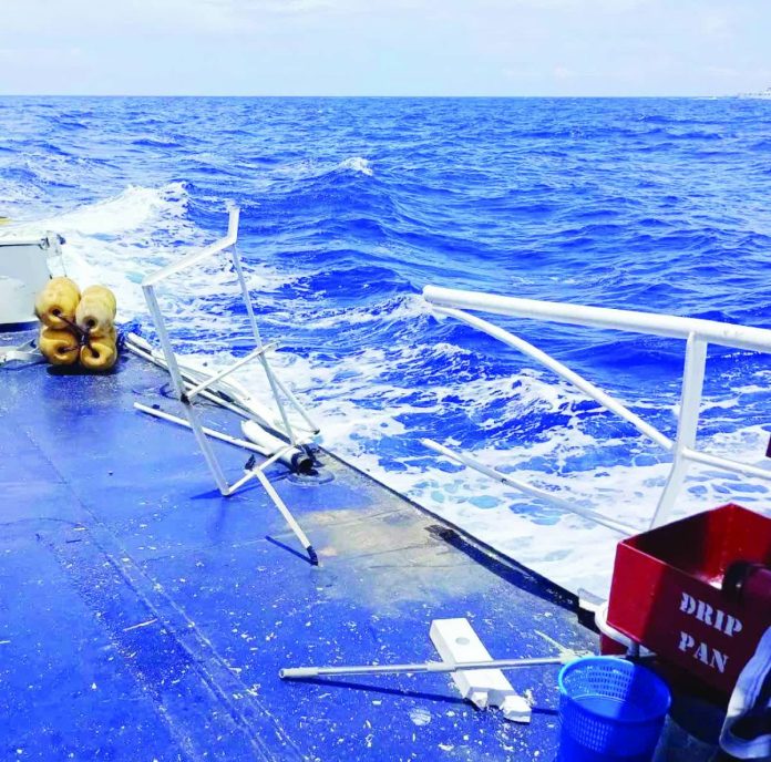 Nation DFA copy_compressed Damaged railings and deck fixtures are seen aboard the Bureau of Fisheries and Aquatic Resources’ BRP Datu Magat Salamat after it was struck by a China Coast Guard vessel in the West Philippine Sea on Friday, September 18, 2026, according to the Philippine Coast Guard. PHILIPPINE COAST GUARD