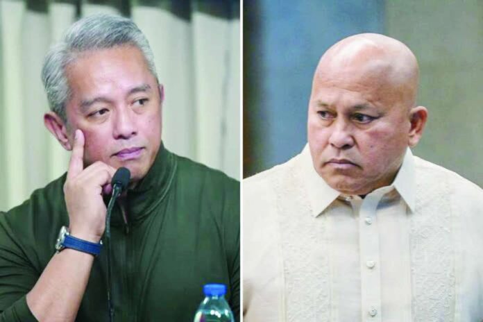 Interior Secretary Jonvic Remulla (left) says negotiations are underway with purported protectors of Sen. Ronald “Bato” Dela Rosa. “We know where he is, but there are negotiations now with his protectors and I think we’ll get to him soon,” Remulla says.