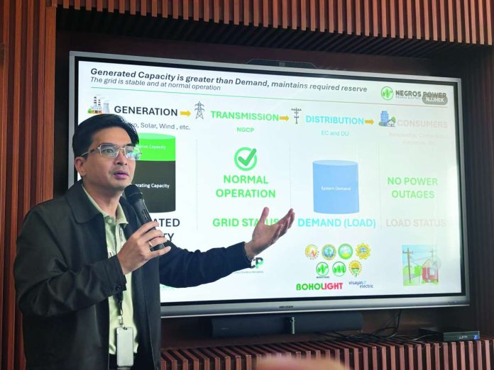 Negros_Power_copy_compressed_resized Engr. Joe-Mel Zaporteza, vice president and chief operating officer of Negros Electric and Power Corp. (Negros Power), explains the power supply situation in the Visayas during a press conference at the company’s office in Bacolod City on September 7. MAE SINGUAY PHOTO