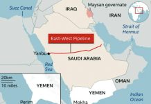 Saudi Arabia shuts key oil pipeline after drone attack WS Map showd Iraq, Saudi Arabia, the Saudi east-west oil pipeline and Yemen with an inset showing Perim island in the Bab al-Mandab strait.