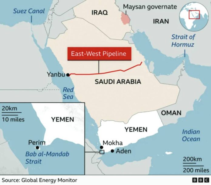 Saudi Map showd Iraq, Saudi Arabia, the Saudi east-west oil pipeline and Yemen with an inset showing Perim island in the Bab al-Mandab strait.