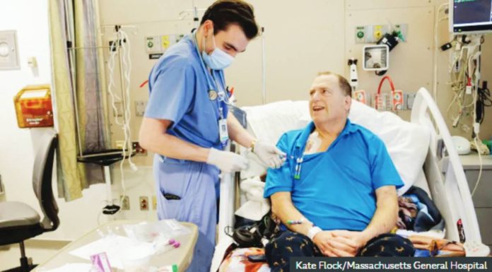 Patient Tim Andrews preparing for surgery in January 2025. KATE FLOCK/MASSACHUSETTS GENERAL HOSPITAL