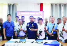 Barangay support nets 101 loose firearms in Guimaras Guimaras Police Provincial Office (GPPO) director Colonel Ferdinand N. Navales (center) leads police officials and local chief executives during the ceremonial turnover of 101 surrendered loose firearms. Guimaras achieved a 100 percent participation rate in Project RTT 3389 after all 98 barangays across its five municipalities voluntarily surrendered at least one unregistered firearm to authorities. PRO-6 PHOTO