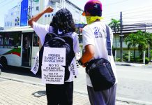 Youth activists take their campaign to the streets of Iloilo City, carrying placards calling for a higher education budget, an end t campus militarization, and no increase in tuition and other school fees. FORUM DIMENSIONS - WVSU