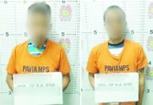 Police apprehend aliases “Arnold” and “Joeann” after they sold a plastic sachet of suspected shabu to a poseur buyer in a buy-bust operation in Barangay Purok 4, Pavia, Iloilo, on Sept. 18, 2026. PRO-6 Photos
