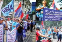 Drivers, jeepney operators and progressive groups stage a demonstration in front of a gas station in Jaro, Iloilo City on Tuesday, September 29, as part of the two-day nationwide transport strike against soaring petroleum prices. Protesters called for the repeal of the Oil Deregulation Law, removal of excise taxes and VAT on fuel products, and substantial wage increases to relieve workers from mounting daily expenses. ALLEN ANIMAS/PN