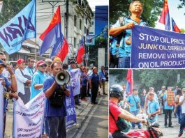 Drivers, jeepney operators and progressive groups stage a demonstration in front of a gas station in Jaro, Iloilo City on Tuesday, September 29, as part of the two-day nationwide transport strike against soaring petroleum prices. Protesters called for the repeal of the Oil Deregulation Law, removal of excise taxes and VAT on fuel products, and substantial wage increases to relieve workers from mounting daily expenses. ALLEN ANIMAS/PN