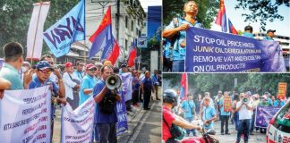 Drivers, jeepney operators and progressive groups stage a demonstration in front of a gas station in Jaro, Iloilo City on Tuesday, September 29, as part of the two-day nationwide transport strike against soaring petroleum prices. Protesters called for the repeal of the Oil Deregulation Law, removal of excise taxes and VAT on fuel products, and substantial wage increases to relieve workers from mounting daily expenses. ALLEN ANIMAS/PN