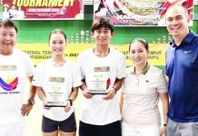 Negrense bags triple crown in Bagong Pilipinas Juniors Age Group Tennis Championships Triple-crown winner Kathlyn Bugna (second from left) beams as she poses with (from left) coach Ronald Martin, fellow MVP Krelz Gecosala, and Lia and Erwin Garcia of A.C. Garcia Group of Companies. CONTRIBUTED PHOTO