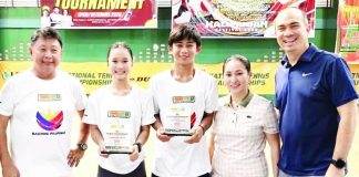 Triple-crown winner Kathlyn Bugna (second from left) beams as she poses with (from left) coach Ronald Martin, fellow MVP Krelz Gecosala, and Lia and Erwin Garcia of A.C. Garcia Group of Companies. CONTRIBUTED PHOTO