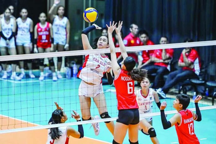 sports_Culanay_compressed_resized San Beda University Lady Red Spikers rookie Khim Culanay scores against the defense of University of the East Lady Warriors. V-LEAGUE