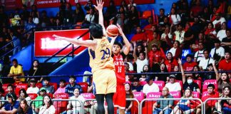 San Beda University Red Lions rookie Andrei Ugaddan pulls up for a three-pointer. NCAA