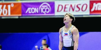 Carlos Edriel Yulo soars to the Philippines’ first gold medal of the 2026 Asian Games after ruling the men’s floor exercise final in Nagoya, Japan. POC MEDIA POOL