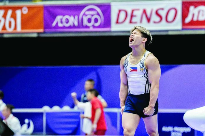 sports_Yulo_compressed_resized Carlos Edriel Yulo soars to the Philippines’ first gold medal of the 2026 Asian Games after ruling the men’s floor exercise final in Nagoya, Japan. POC MEDIA POOL