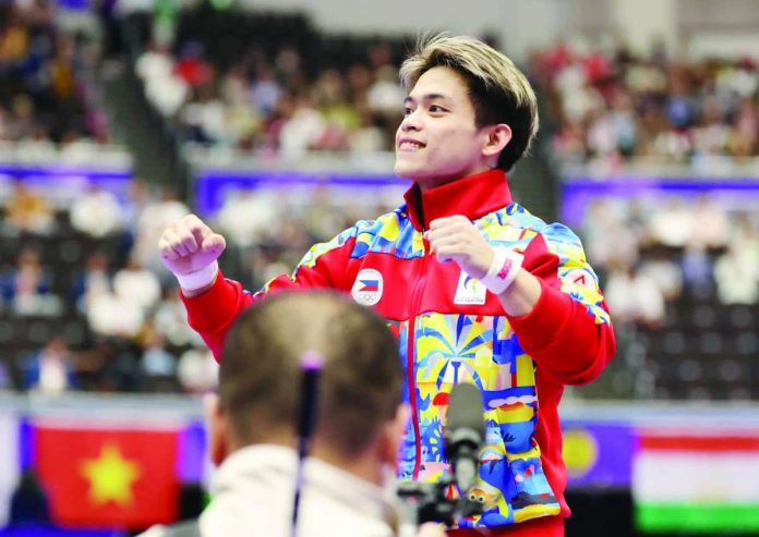 Carlos Yulo captures his second gold medal of the 2026 Asian Games after ruling the men’s vault final, completing a golden double in Nagoya, Japan. POC MEDIA POOL