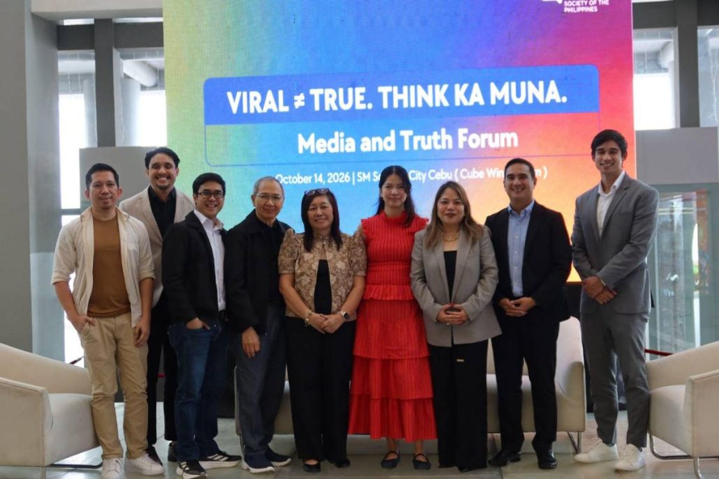 Speakers, organizers, and key figures gather at the THINKaMuna: Media and Truth Forum at SM Seaside City Cebu to advocate for responsible communication and media literacy.