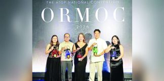 Secretary to the Mayor Atty. Jose Marty Go and Chief Tourism Operations Officer Ma. Teresa Manalili received the five national tourism awards on behalf of the Bacolod City Government during the 2026 ATOP Pearl Awards ceremony in Ormoc City on October 21. BCCO-PIO PHOTO