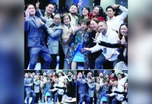 House and private prosecutors strike playful poses inside the Senate Session Hall during a break in the impeachment trial of Vice President Sara Duterte-Carpio.