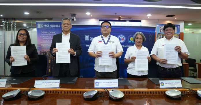 Official Photo for PR 2026-41 PREMIUM CONDOMINIUM LIVING WITHIN REACH AS PAG-IBIG FUND PARTNERS WITH DMCI HOMES. Pag-IBIG Fund and DMCI Homes formalized their partnership on October 16, 2026, in Makati City, paving the way for more Filipino workers and their families to own quality condominium homes through affordable Pag-IBIG Housing Loan financing. Under the partnership, up to 3,990 condominium units are expected to become available for Pag-IBIG financing once the necessary project accreditations are completed, in support of President Ferdinand R. Marcos Jr.’s Expanded 4PH Program. In photo (from left): DMCI Homes Chief Finance Officer Evangeline Hernandez-Atchioco; DMCI Homes President Alfredo R. Austria; Department of Human Settlements and Urban Development (DHSUD) Secretary and Pag-IBIG Fund Board Chairman Jose Ramon P. Aliling; Pag-IBIG Fund Chief Executive Officer Marilene C. Acosta; and Pag-IBIG Fund Senior Vice President Fermin Star Teresa.