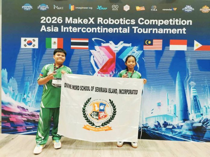 SMPC Mark Jacob O. Antonio and Gwen Astrid C. Lozada were among the Philippine student delegates to the 2026 MakeX Robotics Competition – Asia Intercontinental Tournament in Bangkok, Thailand. PHOTO COURTESY OF DIVINE WORD SCHOOL OF SEMIRARA ISLAND, INC.