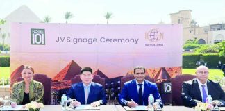 Hotel101 founder Injap Sia (second from left) and Mr. Khaled Sheta of IGI Holdings lead the signing ceremony with the world famous Egypt pyramids at the background.