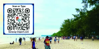 To easily alert the police in Boracay Island, the Malay, Aklan Municipal Police Station launched BORACAY iREPORT, a browser-based platform that allows residents, workers, business owners and visitors to alert authorities without downloading an application or creating an account. Users only need to scan a designated QR code (inset) using a mobile phone, tablet or computer to access the system. Photo shows tourists milling on Boracay’s white-sand shores. PHOTO FROM X