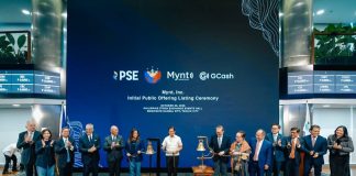 GCash parent Mynt successfully lists on the PSE, marking a new chapter for Philippine digital finance Philippine President Ferdinand Marcos, Jr. (Center) leads the bell-ringing ceremony of Mynt, Inc., the parent company of GCash. From left to right joining the ceremony are: Ayala Corporation Director Fernando Zobel de Ayala, Mynt Chief Financial Officer Evelyn Ng, Ayala Corporation President and CEO Bong Consing, Ayala Corporation Chairman Jaime Augusto Zobel de Ayala, Mynt Chairman Ernest Cu, Mynt President and CEO Martha Sazon, Philippine Stock Exchange, Inc. Chairman Jose Pardo, PSE Director Ma. Vivian Yuchengco, PSE President and CEO Ramon Monzon, Monetary Board Member Romeo Bernardo, Finance Secretary Frederick Go, Securities and Exchange Commission Chairman Francis Ed Lim, PSE COO Atty. Roel A. Refran, and PSE Issuer Regulation Division Head Atty. Marigel M. Baniqued-Garcia.