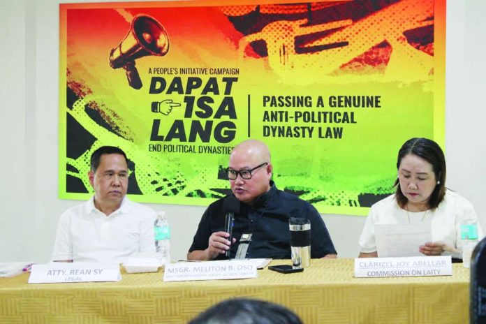 neljoy_dynasty_compressed_resized ANTI-DYNASTY PUSH. Msgr. Meliton B. Oso (center), director of the Jaro Archdiocesan Social Action Center (JASAC), discusses the “Dapat Isa Lang” People’s Initiative seeking an anti-political dynasty law, alongside Atty. Rean Sy (left) and Clarizel Joy Abellar of the Commission on Laity. The Archdiocese of Jaro is mobilizing parishes, youth and lay volunteers to help gather signatures for the nationwide initiative. ALLEN ANIMAS/PN