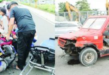 Emergency responders and passing students from Iloilo Doctors' College render first aid to the injured driver (left photo) following the collision of his motorcycle and passenger jeepney (right photo) in Barangay Cabugao Sur, Pavia, Iloilo on Oct. 27, 2026. ALLEN ANIMAS/PN