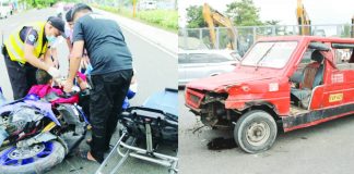 Emergency responders and passing students from Iloilo Doctors' College render first aid to the injured driver (left photo) following the collision of his motorcycle and passenger jeepney (right photo) in Barangay Cabugao Sur, Pavia, Iloilo on Oct. 27, 2026. ALLEN ANIMAS/PN