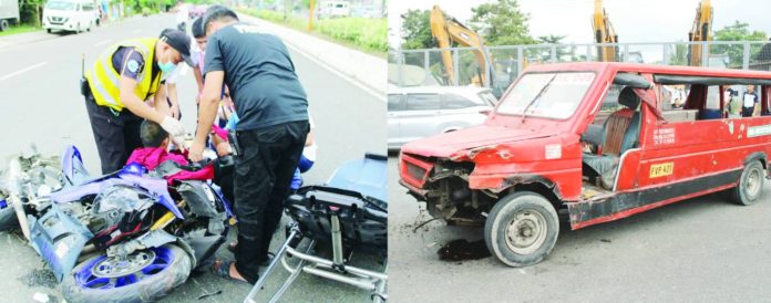 pavia collision Emergency responders and passing students from Iloilo Doctors' College render first aid to the injured driver (left photo) following the collision of his motorcycle and passenger jeepney (right photo) in Barangay Cabugao Sur, Pavia, Iloilo on Oct. 27, 2026. ALLEN ANIMAS/PN