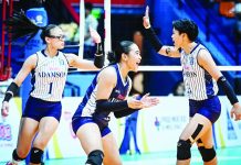 Shaina Nitura and the Adamson University Lady Falcons celebrate their second consecutive V-League Collegiate Challenge championship after defeating the University of Santo Tomas Golden Tigresses in four sets in Game 2 of the finals at the Playtime FilOil Centre in San Juan. Frances Mordi led the title defense with 21 points and earned both the Conference MVP and Finals MVP honors. V-LEAGUE