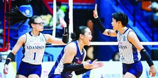 Shaina Nitura and the Adamson University Lady Falcons celebrate their second consecutive V-League Collegiate Challenge championship after defeating the University of Santo Tomas Golden Tigresses in four sets in Game 2 of the finals at the Playtime FilOil Centre in San Juan. Frances Mordi led the title defense with 21 points and earned both the Conference MVP and Finals MVP honors. V-LEAGUE