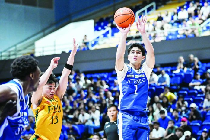 sports_Alas_compressed_resized Ateneo de Manila University Blue Eagles rookie Kieffer Alas pulls up for a three-point shot against Far Eastern University. Alas scored 21 points, including two crucial free throws in the closing seconds, to lift Ateneo to a 75-72 victory. UAAP